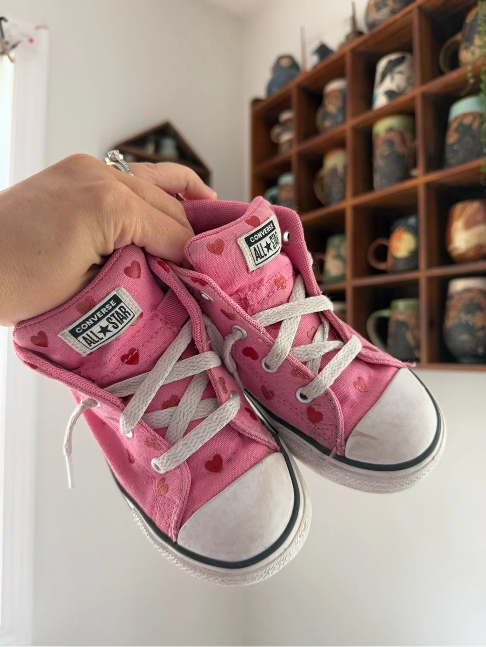 Converse Kids Pink High-Top Sneakers with Red Heart Print size 10 toddler